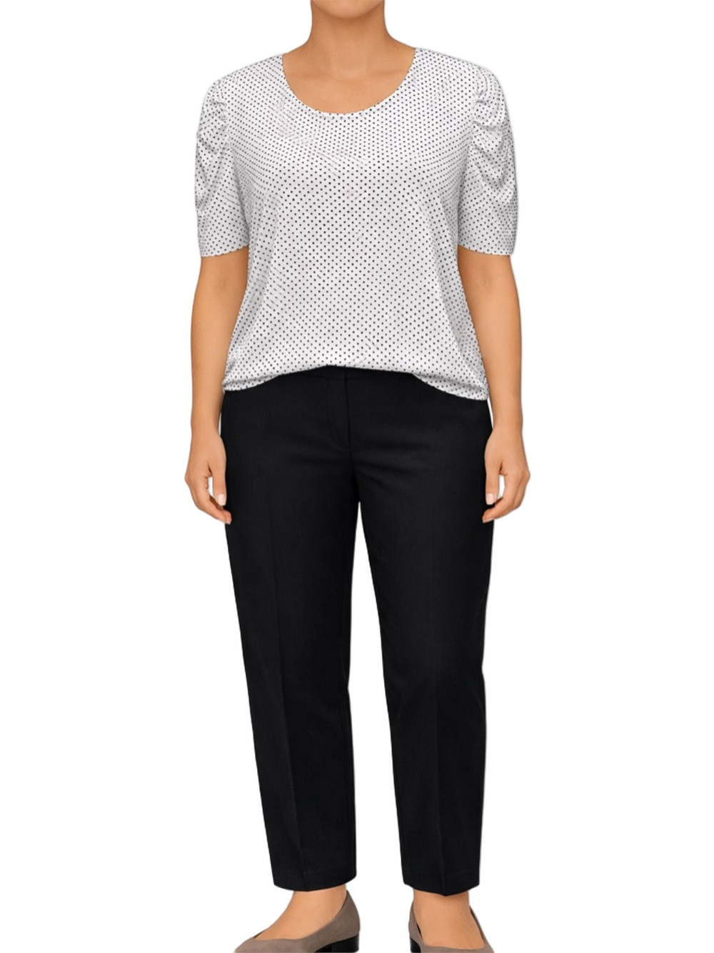 black and white polka dot short sleeve blouse with keyhole back